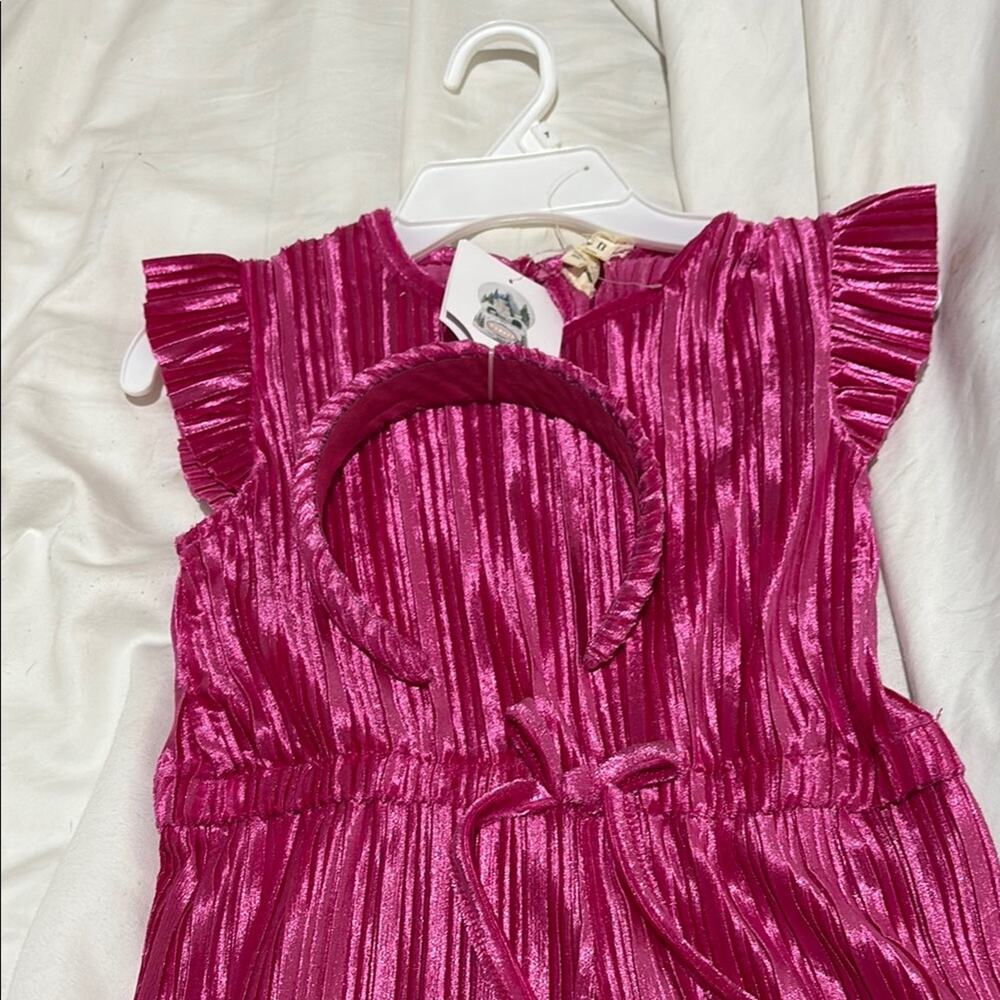 btween 7 Vibrant Pink pants wide leg romper w/ Headband velvet burn out stripe
